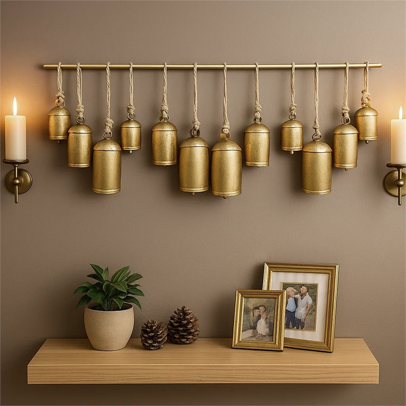 Iron Cow Bells Wall Decor 48 Inch Wide Decorative-Antique Gold-Jute Hanging Rope