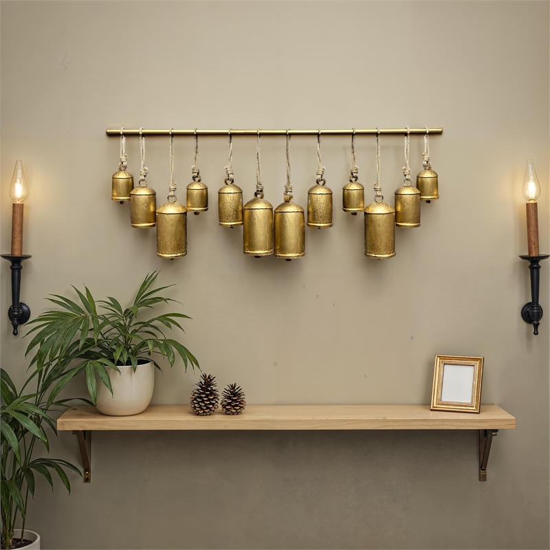 Iron Cow Bells Wall Decor 48 Inch Wide Decorative-Antique Gold-Jute Hanging Rope