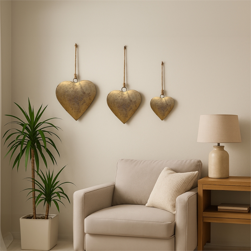 Decorative Metal Heart Wall Decor Set of 3-Antique Gold Iron-Jute Hanging Rope