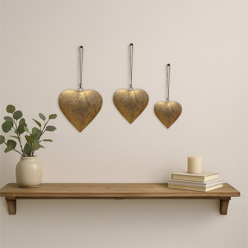 Decorative Metal Heart Wall Decor Set of 3-Antique Gold Iron-Jute Hanging Rope