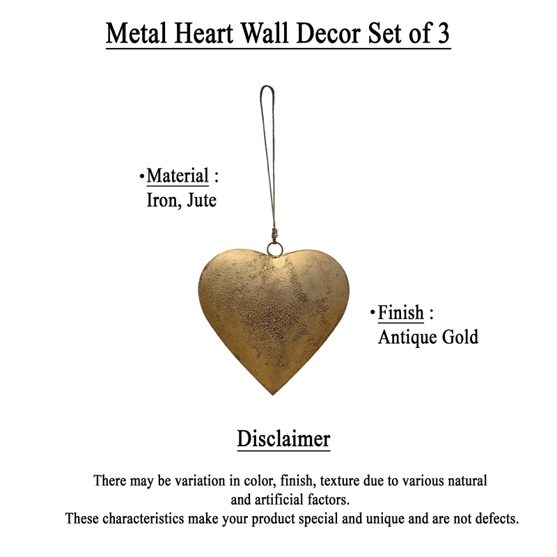 Decorative Metal Heart Wall Decor Set of 3-Antique Gold Iron-Jute Hanging Rope