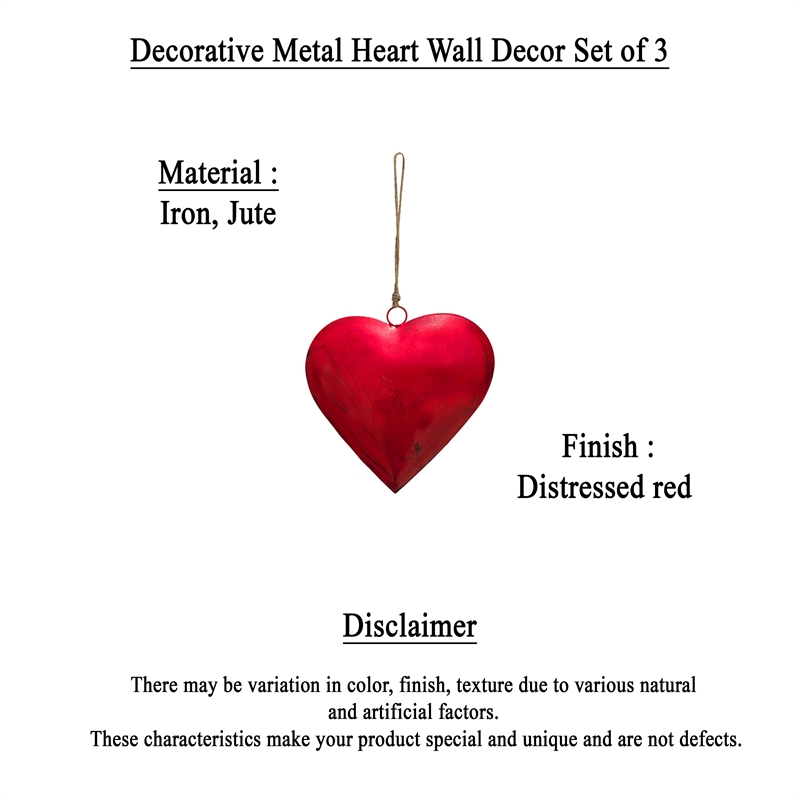 Decorative Metal Heart Wall Decor Set of 3-Classic Red with Jute Hanging Rope
