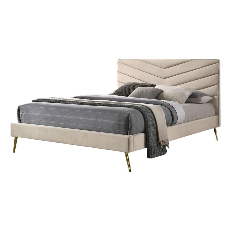 Vevy Queen Size Bed-Chevron Tufted Beige Flannelette Upholstery