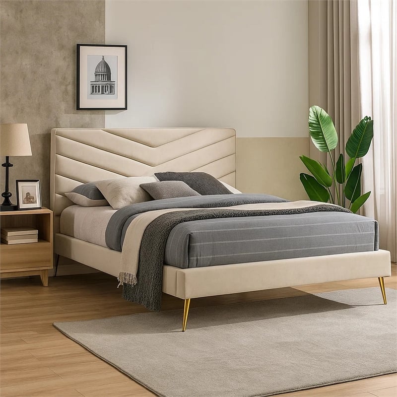 Vevy Twin Size Bed-Chevron Tufted Beige Flannelette Upholstery