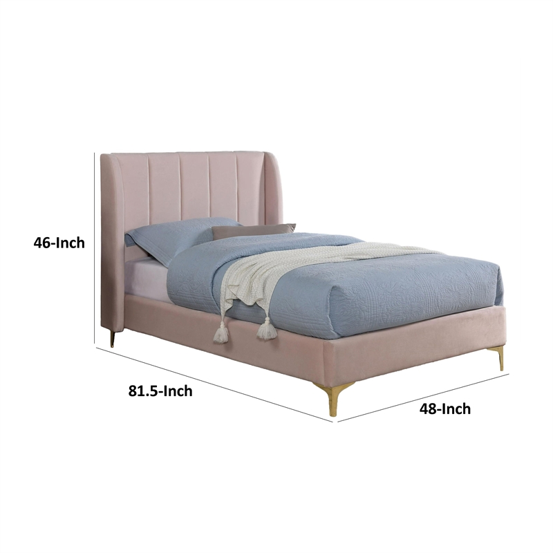 Pevy Twin Size Bed-Tufted Wingback in Light Pink Velvelike Upholstery