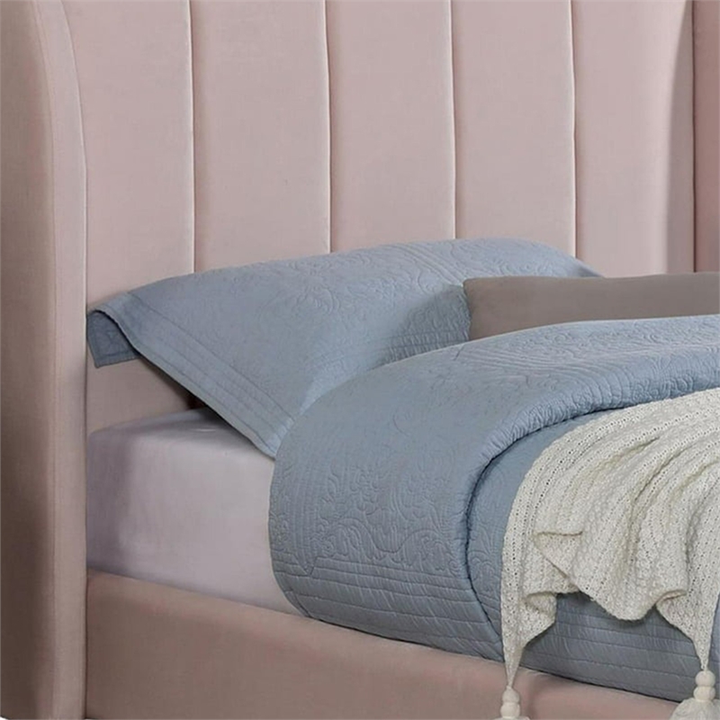 Pevy Twin Size Bed-Tufted Wingback in Light Pink Velvelike Upholstery