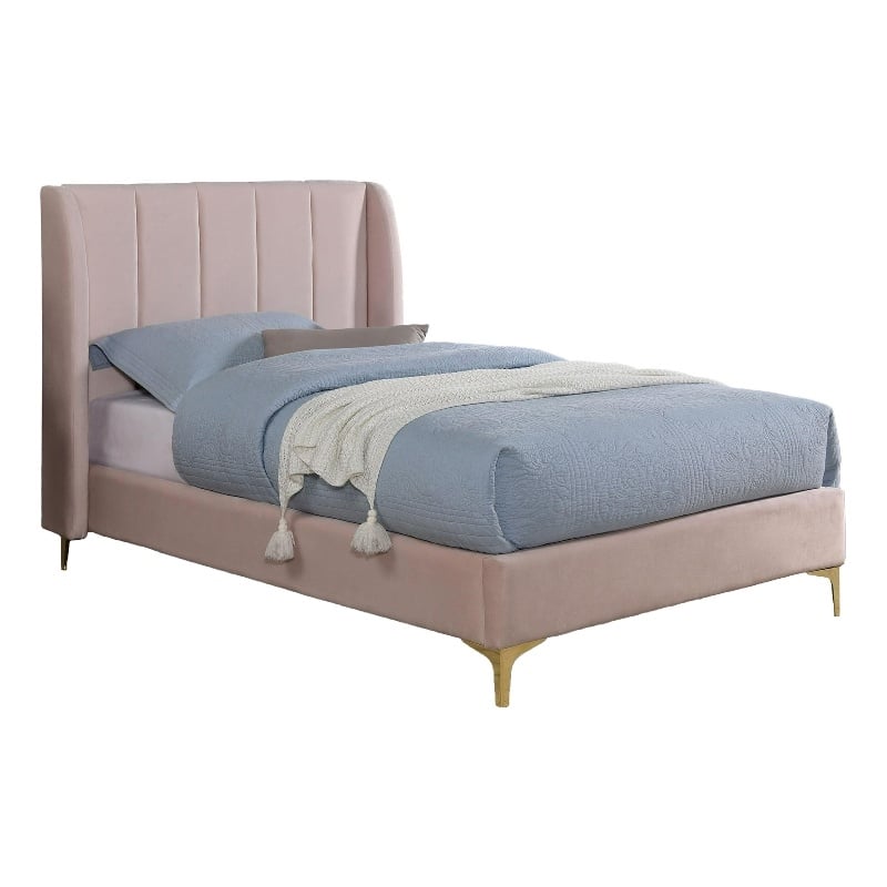Pevy Twin Size Bed-Tufted Wingback in Light Pink Velvelike Upholstery