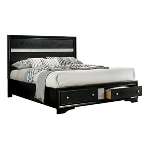 Cevy Queen Size Bed-Footboard Drawers-Black Wood w Glitter Accents