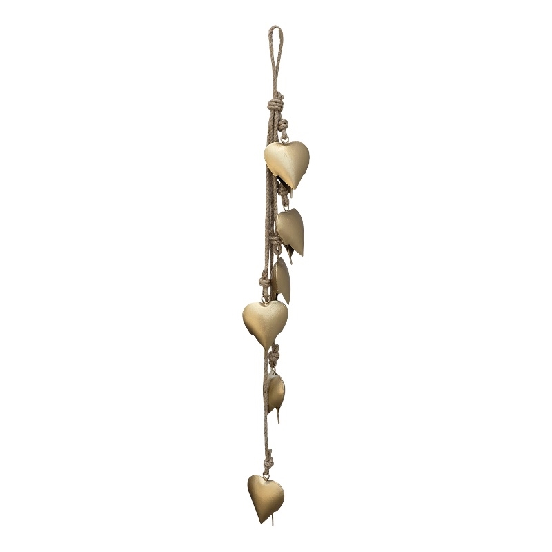 6 Heart Shape Iron Bells on 35 Inch Jute Hanging Rope-Antique Gold Wall Decor