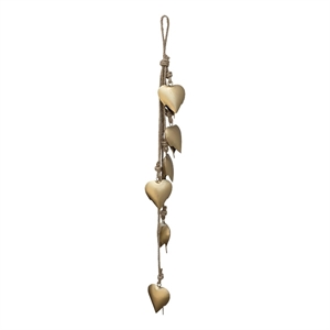 6 Heart Shape Iron Bells on 35 Inch Jute Hanging Rope-Antique Gold Wall Decor