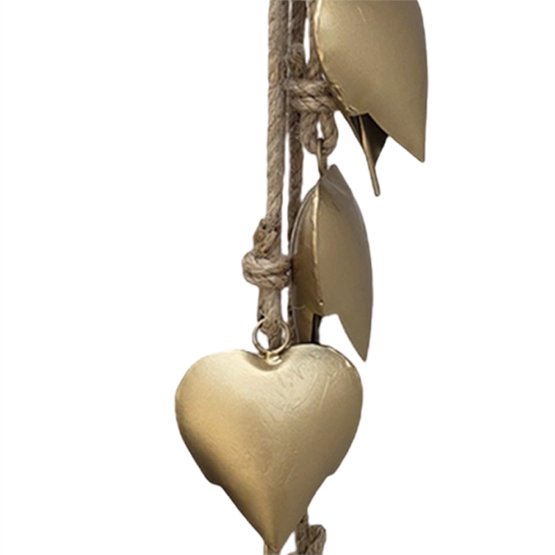 6 Heart Shape Iron Bells on 35 Inch Jute Hanging Rope-Antique Gold Wall Decor