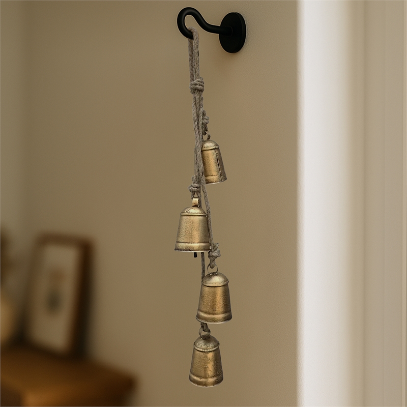 Rustic Iron Hanging Bells Wall Decor-Cylindrical Cowbell-Jute Rope-Antique Gold