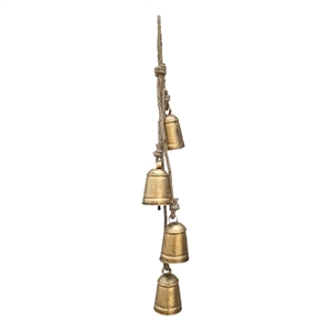 Rustic Iron Hanging Bells Wall Decor-Cylindrical Cowbell-Jute Rope-Antique Gold