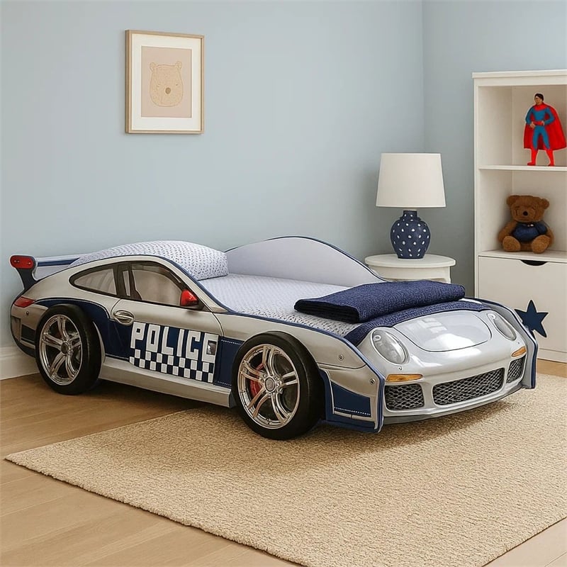 Peri Twin Size Kids Bed with Realistic Police Car Design-White-Blue