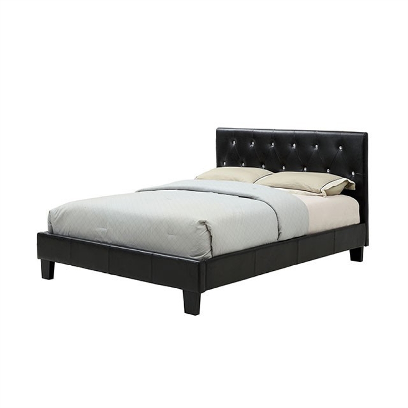 Legy Queen Size Bed-Button Tufted Black Faux Leather Upholstery