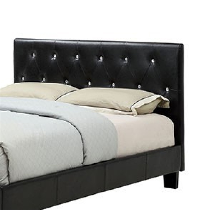 Legy Queen Size Bed-Button Tufted Black Faux Leather Upholstery