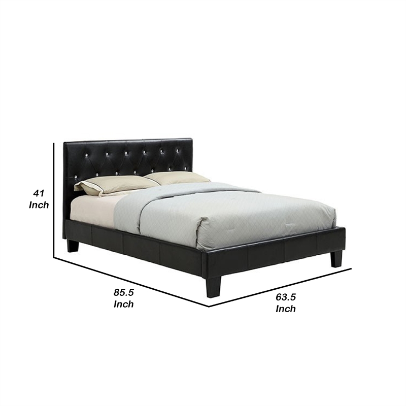 Legy Queen Size Bed-Button Tufted Black Faux Leather Upholstery