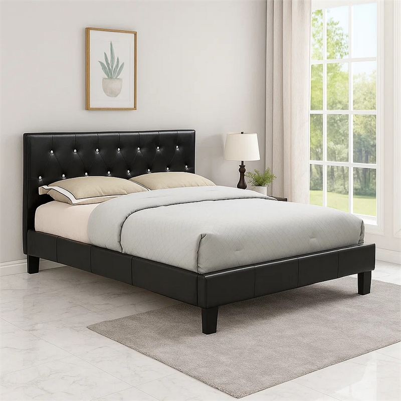 Legy Queen Size Bed-Button Tufted Black Faux Leather Upholstery