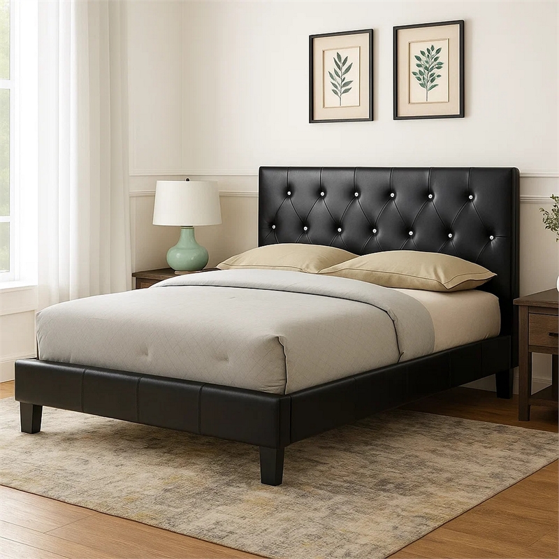 Legy Queen Size Bed-Button Tufted Black Faux Leather Upholstery