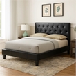 Legy Queen Size Bed-Button Tufted Black Faux Leather Upholstery