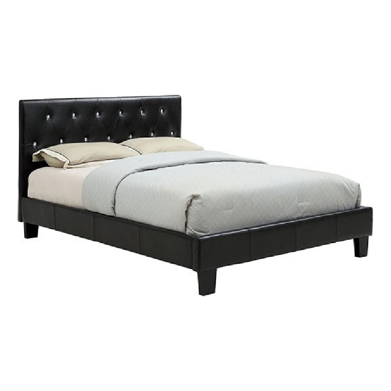 Legy Queen Size Bed-Button Tufted Black Faux Leather Upholstery