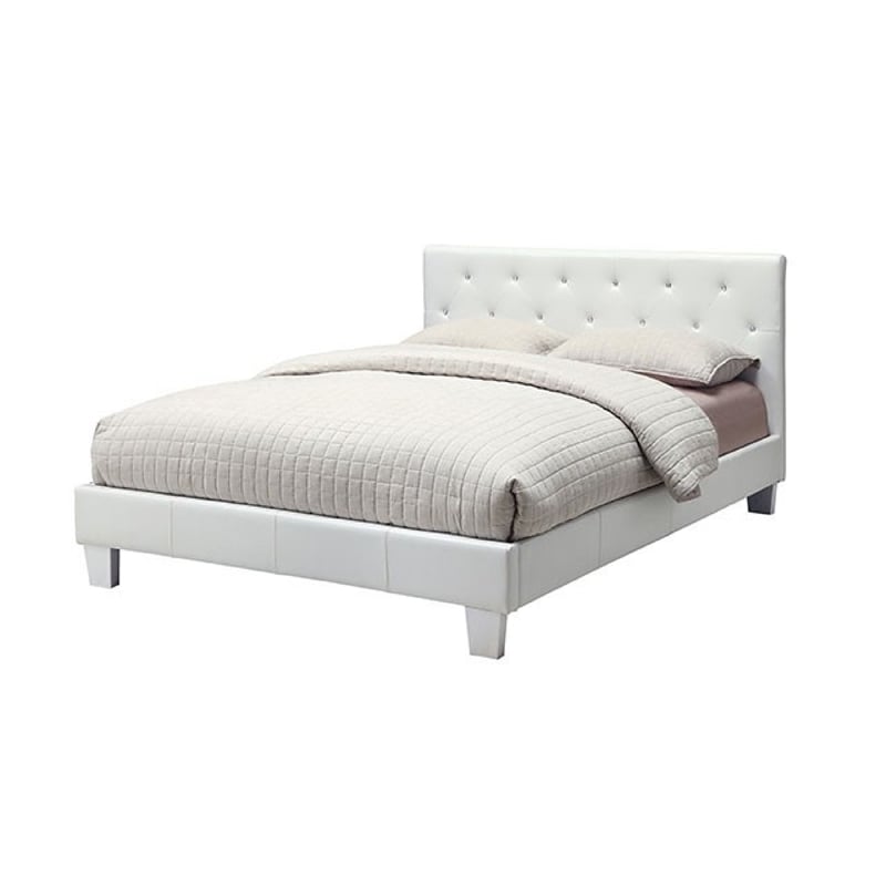 Legy Twin Size Bed-Button Tufted White Faux Leather Upholstery