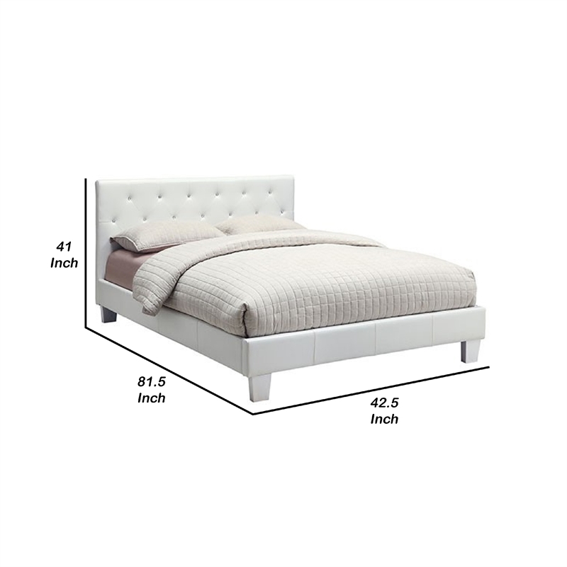 Legy Twin Size Bed-Button Tufted White Faux Leather Upholstery