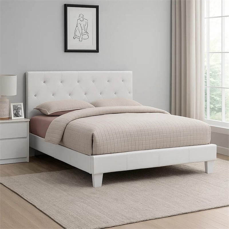 Legy Twin Size Bed-Button Tufted White Faux Leather Upholstery