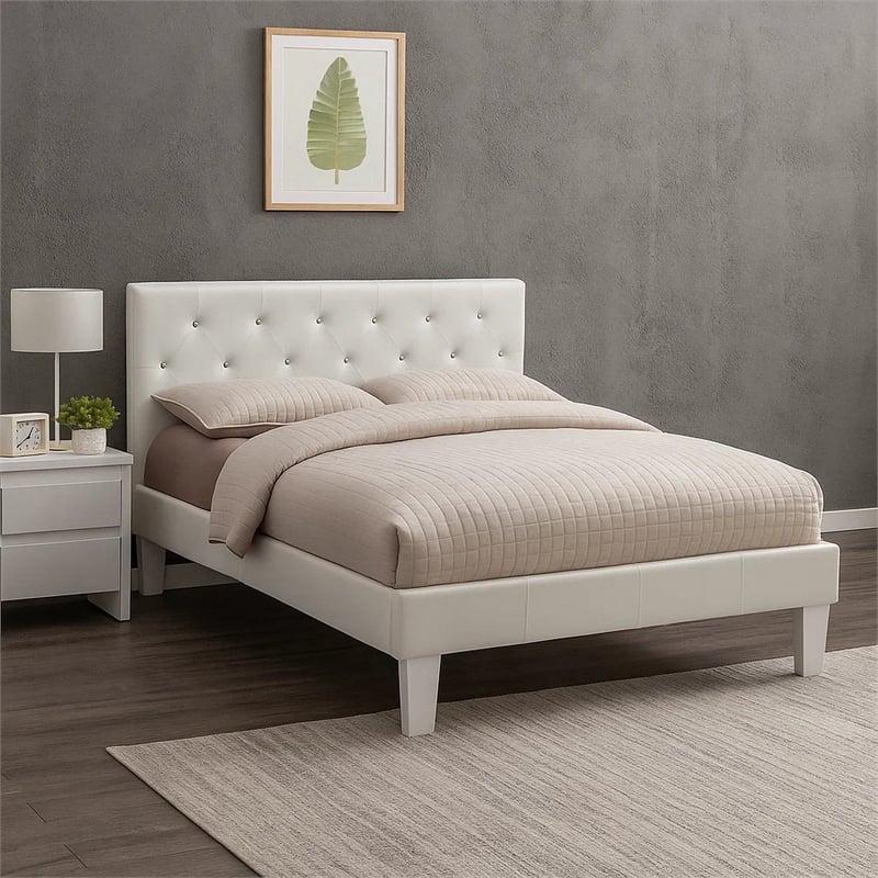 Legy Twin Size Bed-Button Tufted White Faux Leather Upholstery