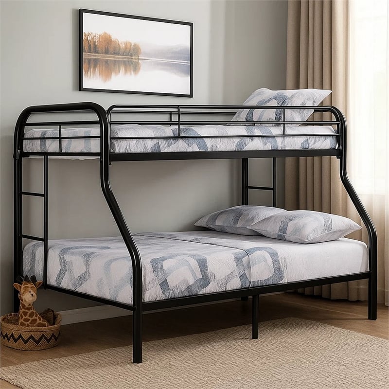 Fegy Twin over Full Bunk Bed with Ladder and Rails-Black Metal Frame