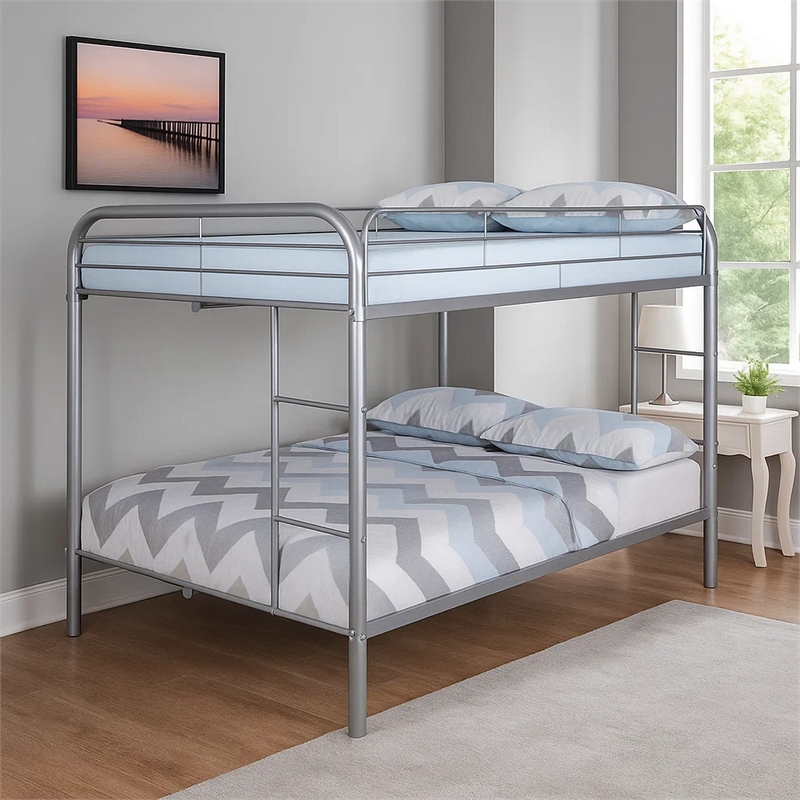 Fegy Full over Full Bunk Bed with Ladder and Rails-Silver Metal Frame