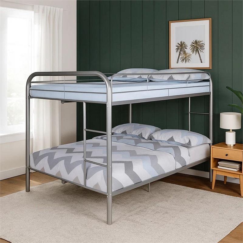Fegy Full over Full Bunk Bed with Ladder and Rails-Silver Metal Frame