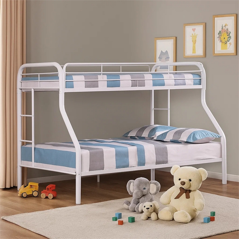 Fegy Twin over Full Bunk Bed with Ladder and Rails-Silver Metal Frame