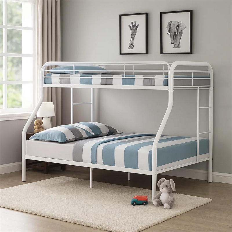 Fegy Twin over Full Bunk Bed with Ladder and Rails-Silver Metal Frame