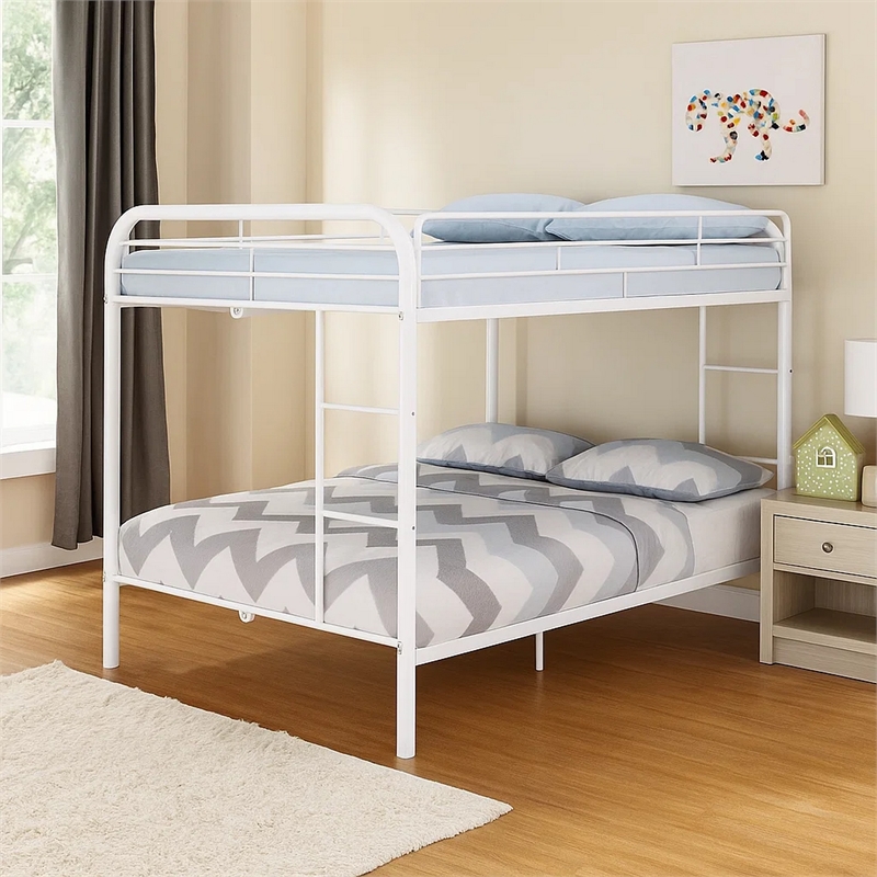 Fegy Full over Full Bunk Bed with Ladder and Rails-White Metal Frame