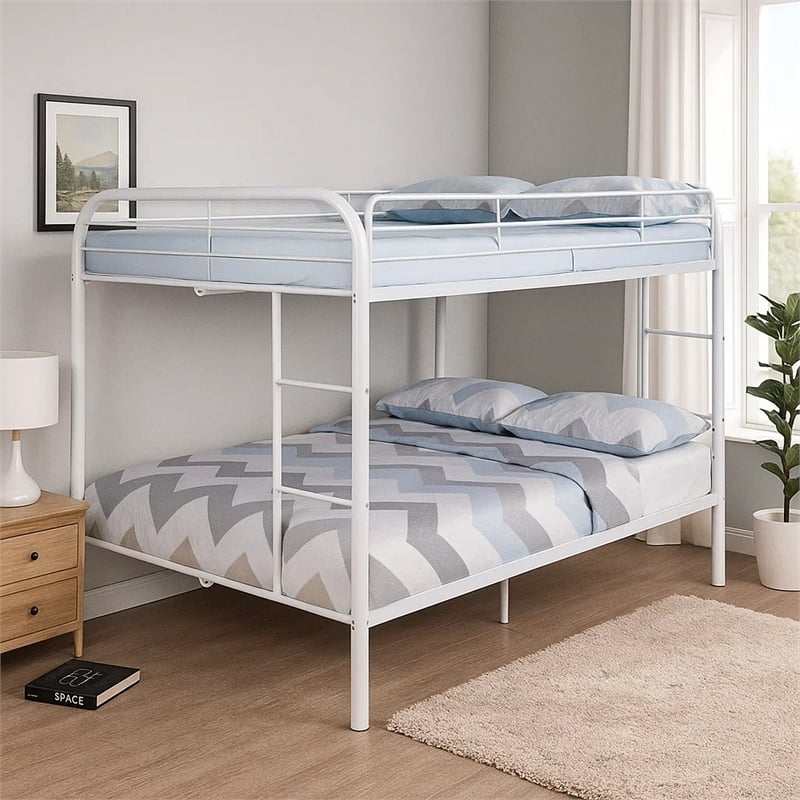 Fegy Full over Full Bunk Bed with Ladder and Rails-White Metal Frame