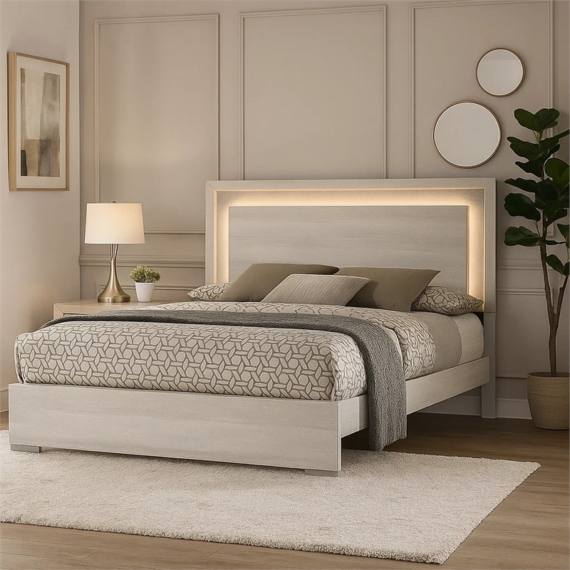 Nomi Queen Size Bed w LED on Headboard-Antique White Wash Finsih