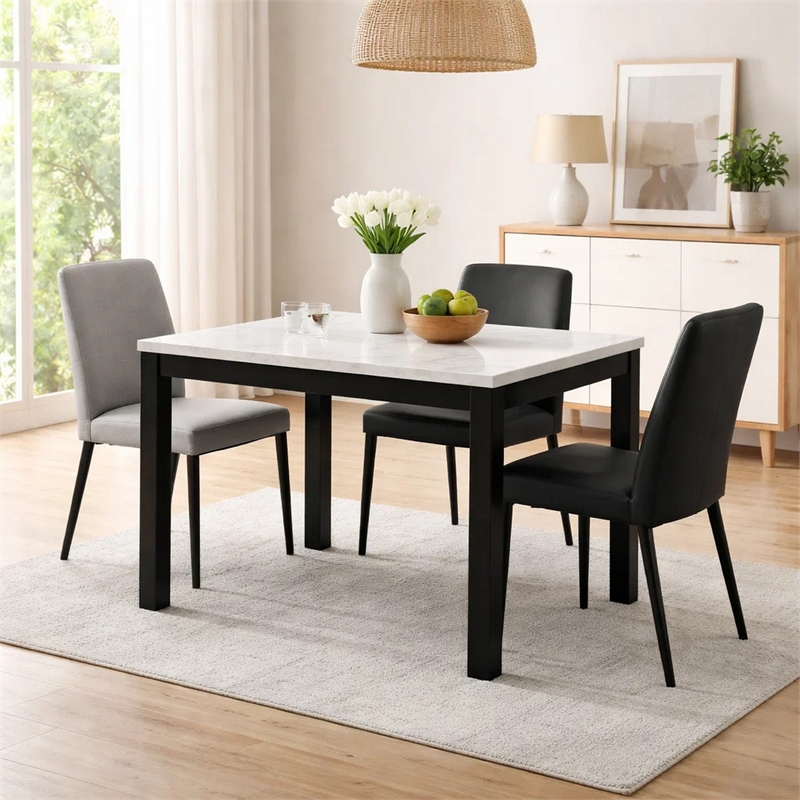 Syon Dining Table-47 Inch White Faux Marble Top-Black Wood Legs