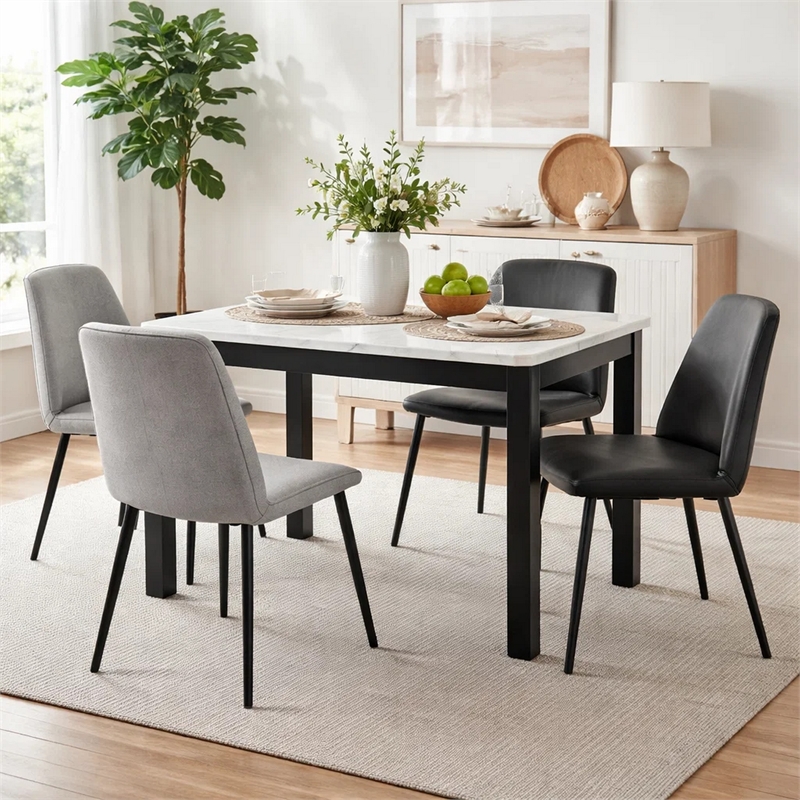 Syon Dining Table-47 Inch White Faux Marble Top-Black Wood Legs