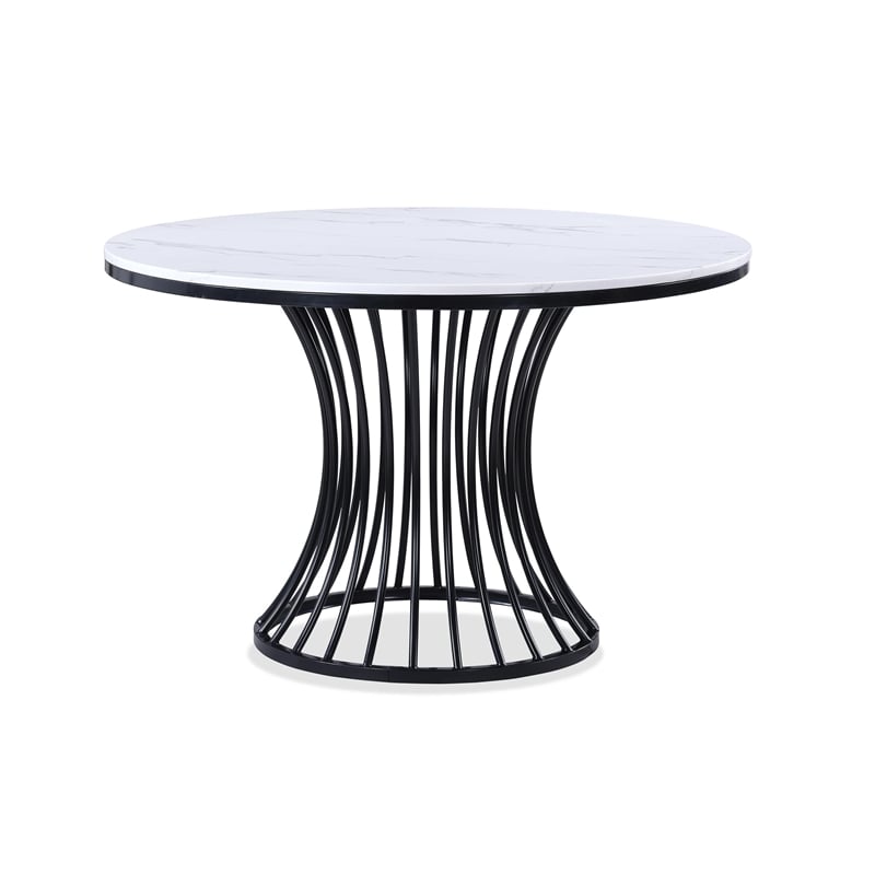 Haly Dining Table-48 Inch Round White Faux Marble Top-Black Cage Base