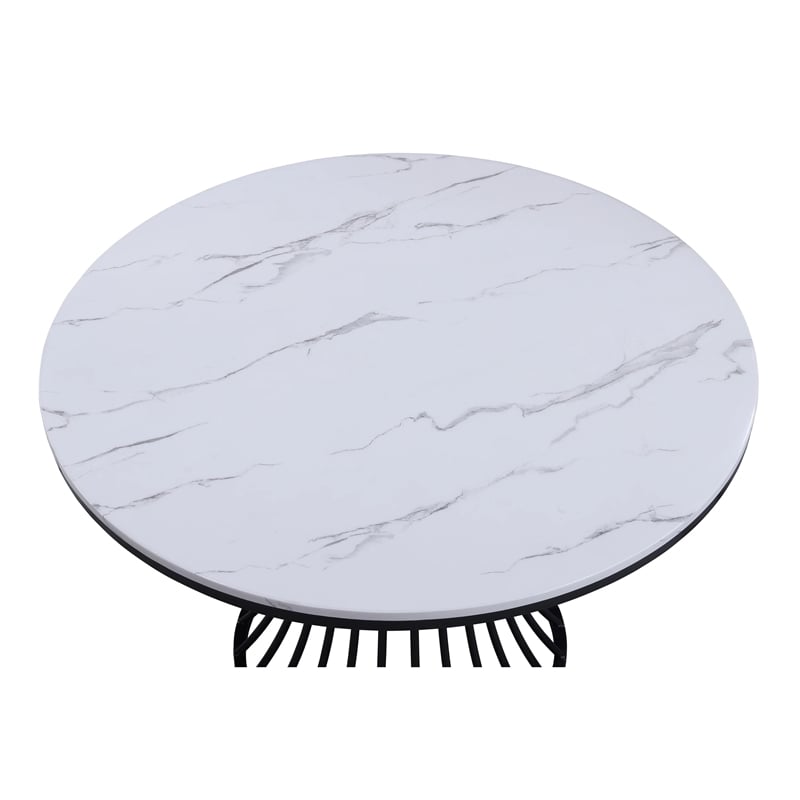 Haly Dining Table-48 Inch Round White Faux Marble Top-Black Cage Base