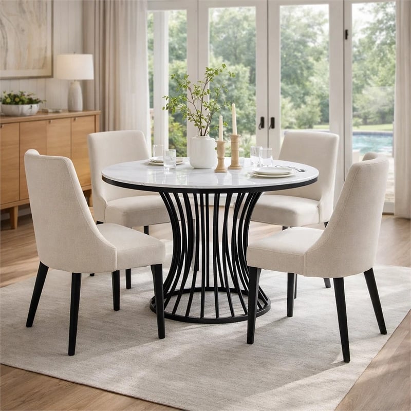 Haly Dining Table-48 Inch Round White Faux Marble Top-Black Cage Base
