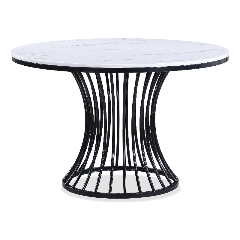 Haly Dining Table-48 Inch Round White Faux Marble Top-Black Cage Base
