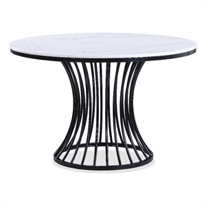 Haly Dining Table-48 Inch Round White Faux Marble Top-Black Cage Base