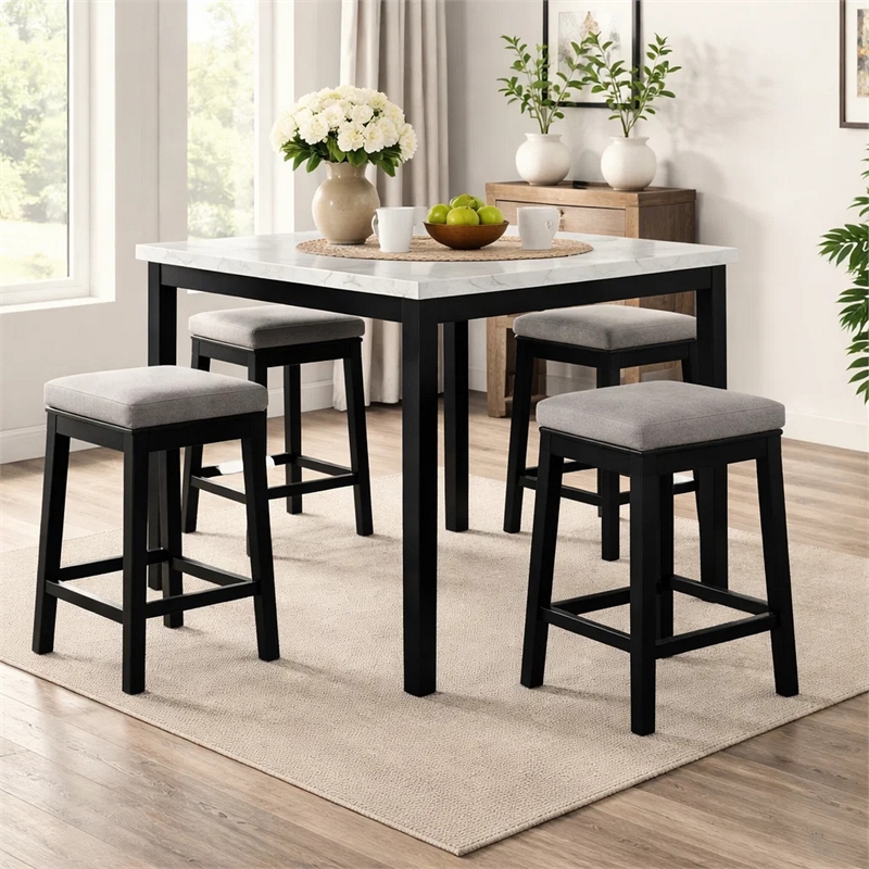 Pazy Counter Height Table-48 Inch White Faux Marble Top-Black Legs