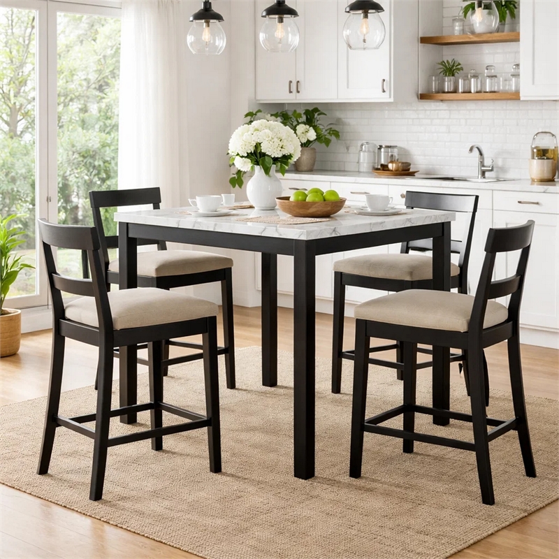 Pazy Counter Height Table-48 Inch White Faux Marble Top-Black Legs