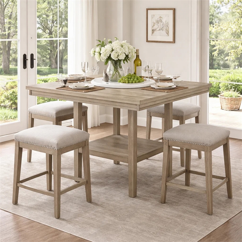 Filu Counter Height Table w Faux Marble Lazy Susan-48 Inch-White Oak