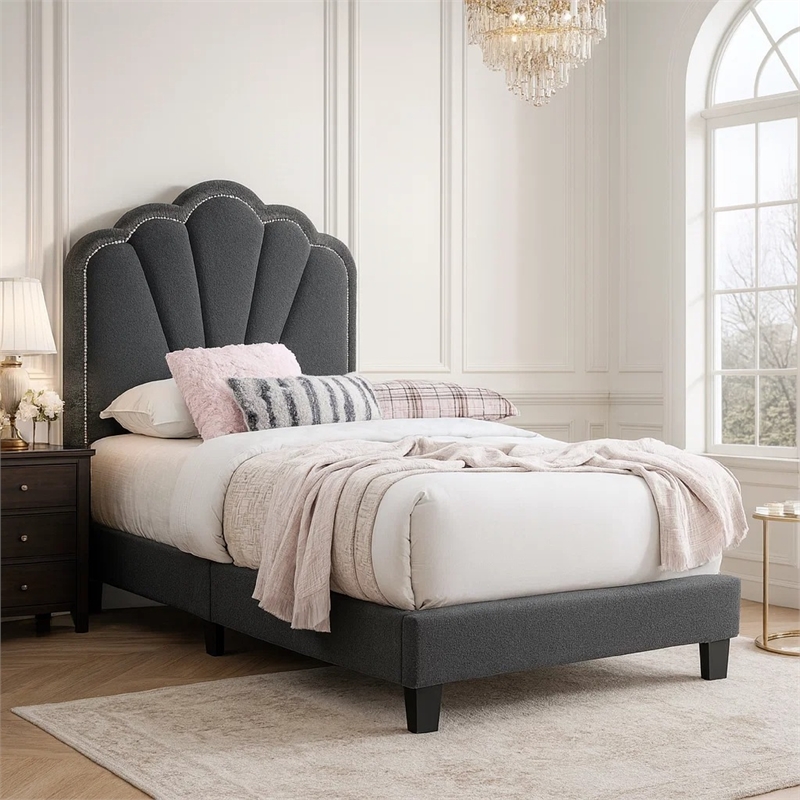 Roxy Twin Bed-Charcoal Gray Wool-LED Lighting-Padded Headboard