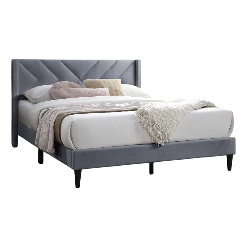 Niasa Full Size Bed-Chevron Tufted Gray Velvet Upholstered Foam