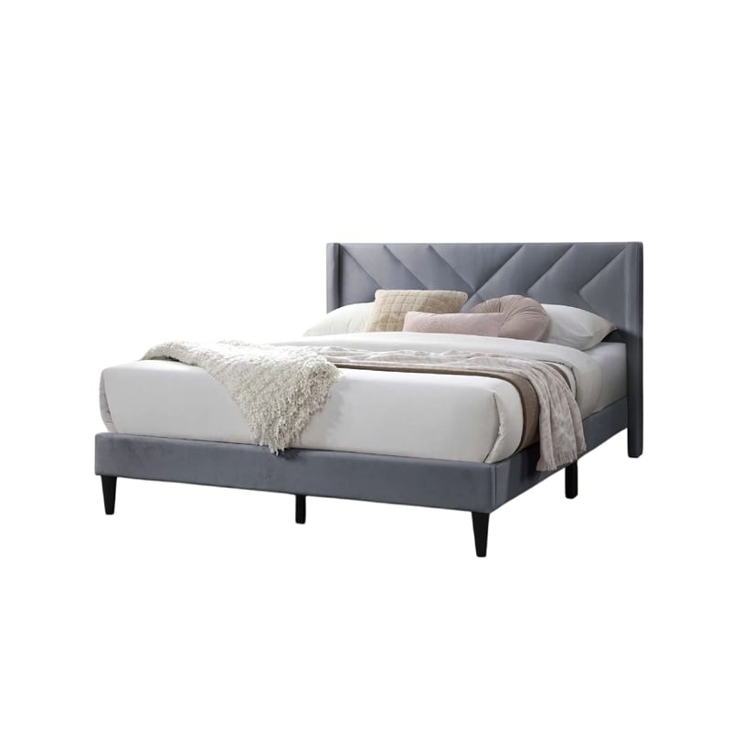 Niasa Full Size Bed-Chevron Tufted Gray Velvet Upholstered Foam